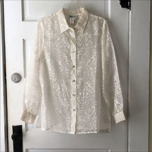 Coldwater Creek Cream Sheer LS Blouse Medium EUC